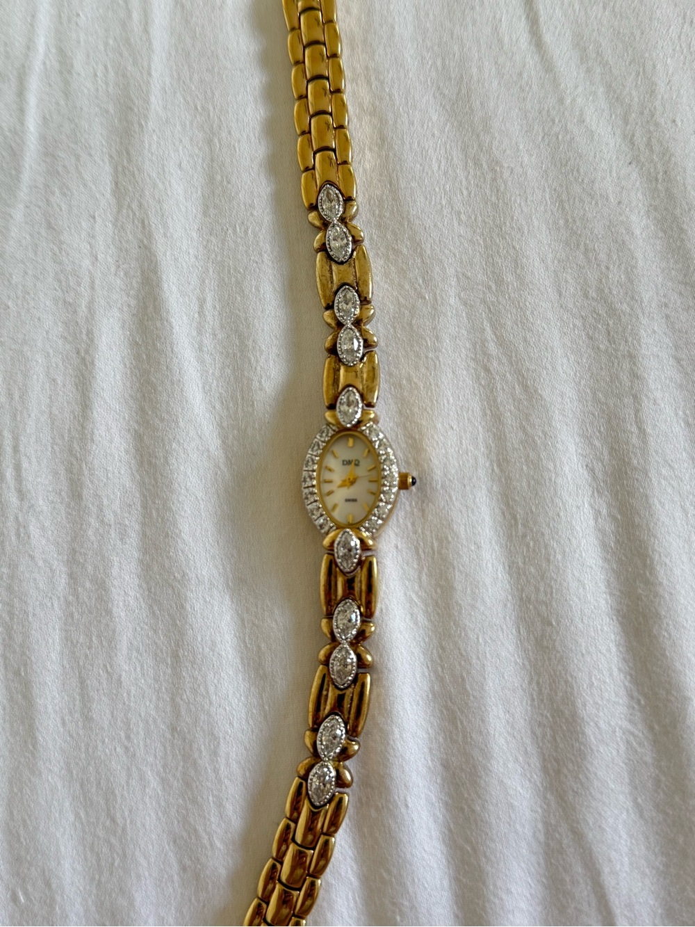 Elegant DMQ Gold-Tone Women's Bracelet Watch MOP Face and Crystal Accents